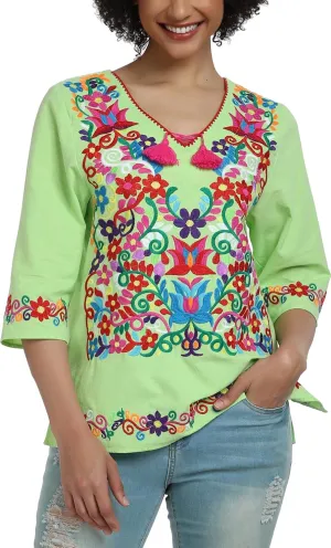 YZXDORWJ Women's Summer Embroidered Mexican Shirts Short Sleeve Casual Tops Blouse
