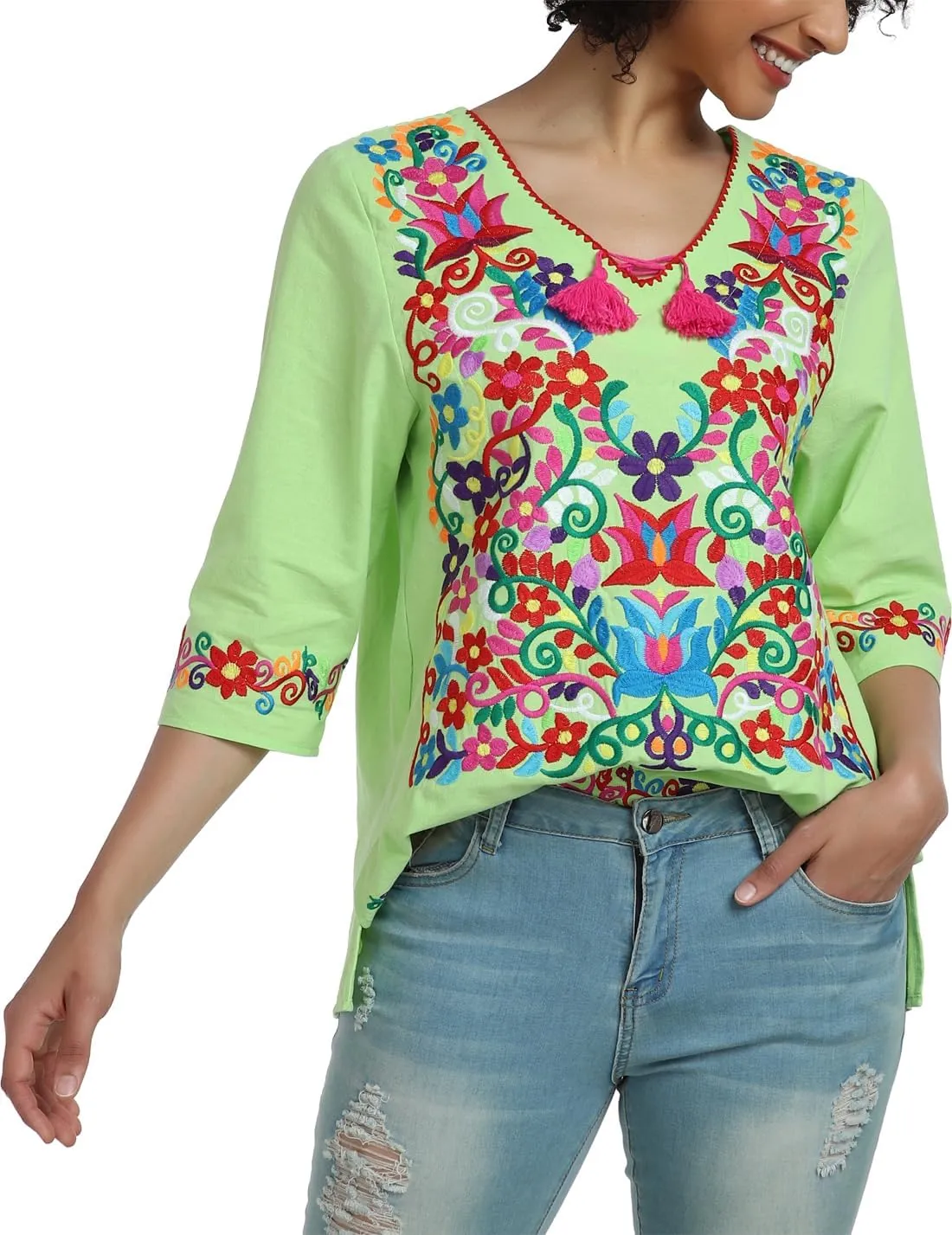 YZXDORWJ Women's Summer Embroidered Mexican Shirts Short Sleeve Casual Tops Blouse