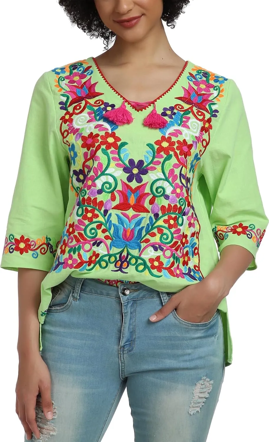 YZXDORWJ Women's Summer Embroidered Mexican Shirts Short Sleeve Casual Tops Blouse