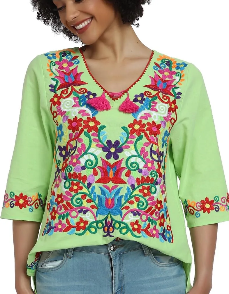 YZXDORWJ Women's Summer Embroidered Mexican Shirts Short Sleeve Casual Tops Blouse