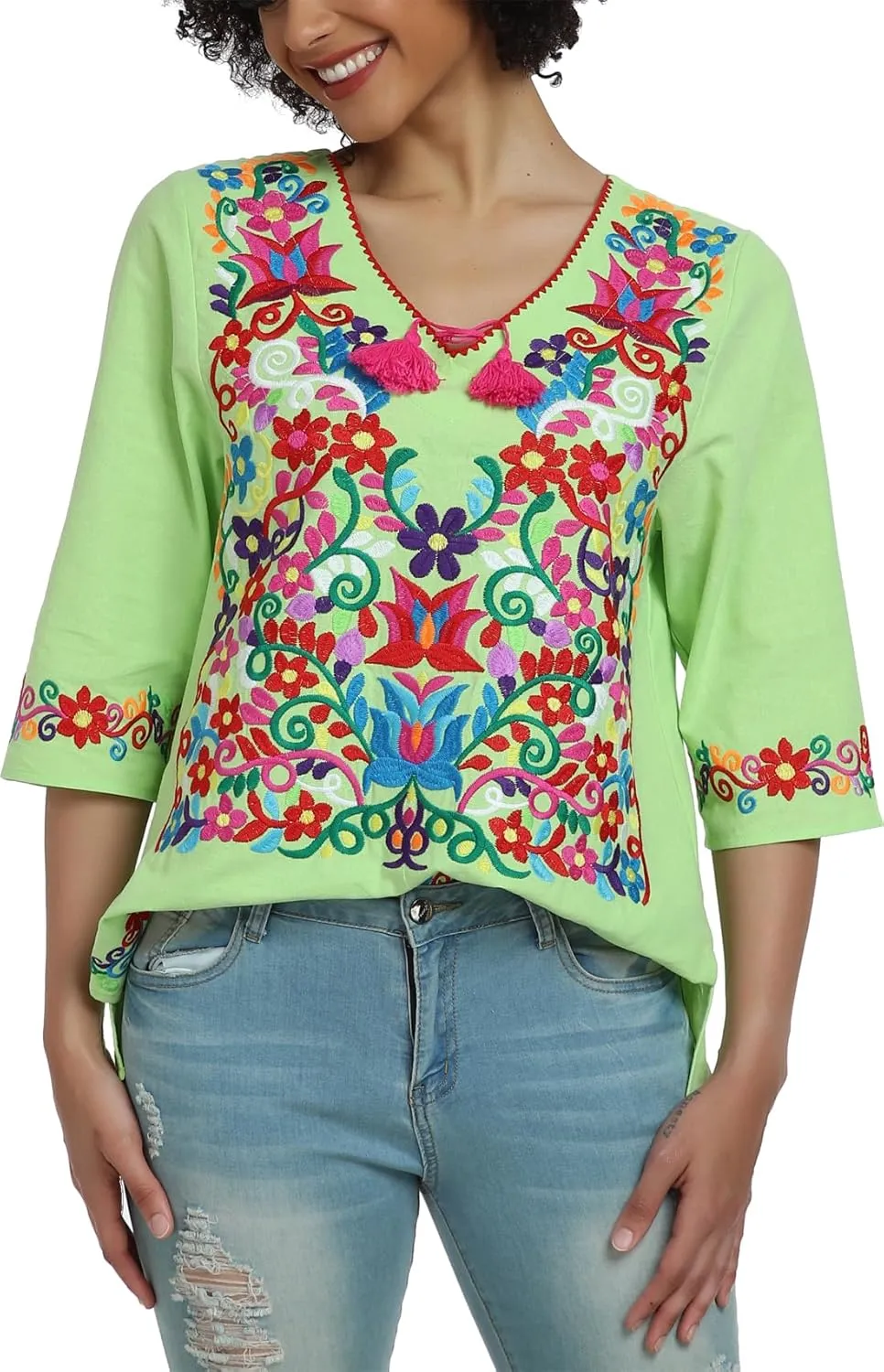 YZXDORWJ Women's Summer Embroidered Mexican Shirts Short Sleeve Casual Tops Blouse