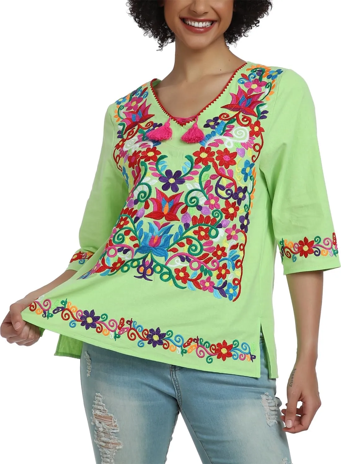 YZXDORWJ Women's Summer Embroidered Mexican Shirts Short Sleeve Casual Tops Blouse